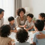 Family receiving support in a welcoming home setting.