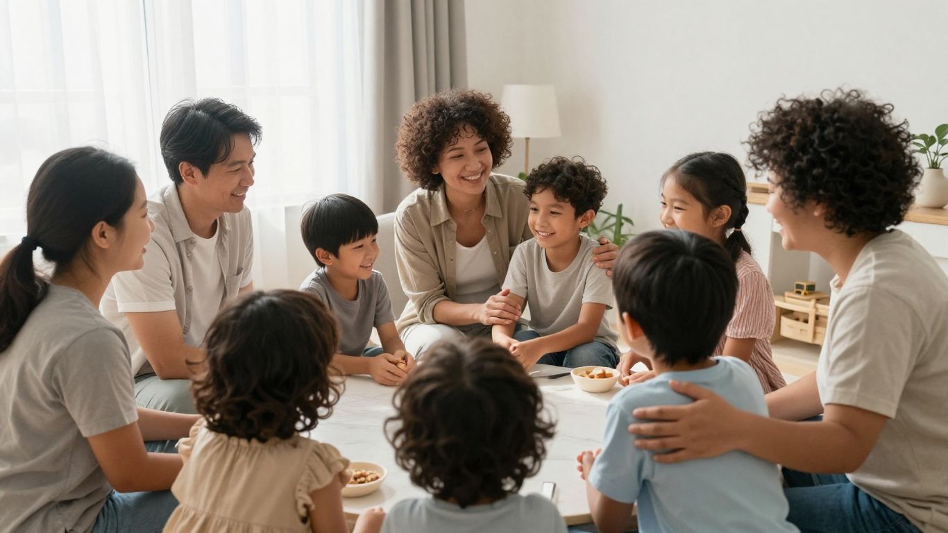 Family receiving support in a welcoming home setting.